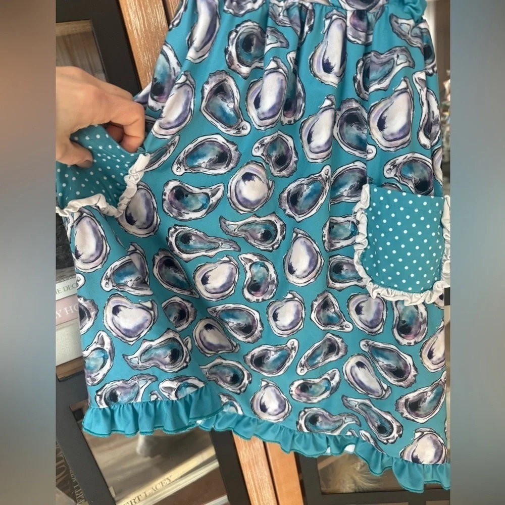 Oysters watercolor print dress girls louisiana gulf coastal beach ruffle bow
